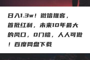 日入1.3w！微信推客，首批红利，未来10年最大的风口，0门槛，人人可做！百度网盘下载